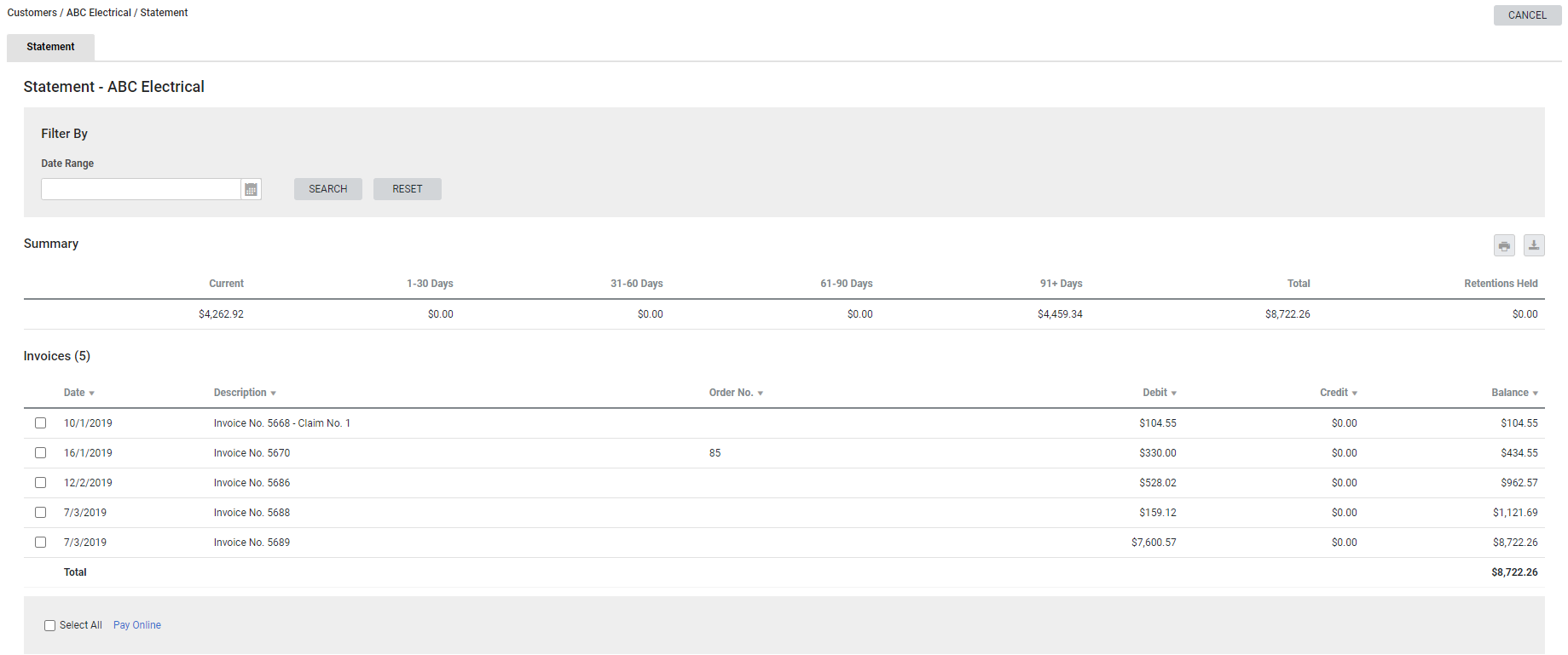 A screenshot of a statement viewed in the customer portal.
